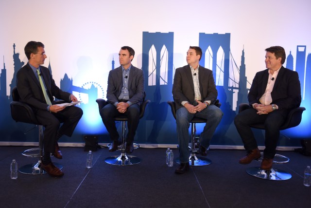 NEW YORK, NY - SEPTEMBER 29: (L-R) SVP of Marketplace Development at Rubicon Project Rev. Jay Sears, VP of Local Platform at Weather Channel Ryan Davis, Global Director of Ad Operations at Lonely Planet Tim Daugherty and Head of Sales at Kijiji Al Maitland speak onstage at the $50B Left Behind: Capturing SMB Spend panel presented by Rubicon during Advertising Week 2015 AWXII at the ADARA Stage at Times Center Hall on September 29, 2015 in New York City. (Photo by Mike Pont/Getty Images for AWXII) *** Local Caption *** Rev. Jay Sears;Ryan Davis;Tim Daugherty;Al Maitland